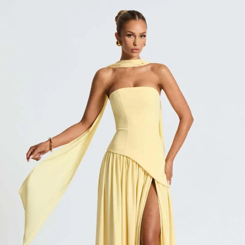 Elegant Solid Pleated Maxi Dress for Women with Sexy Sleeveless Off Shoulder Design and High Slit Party Wear